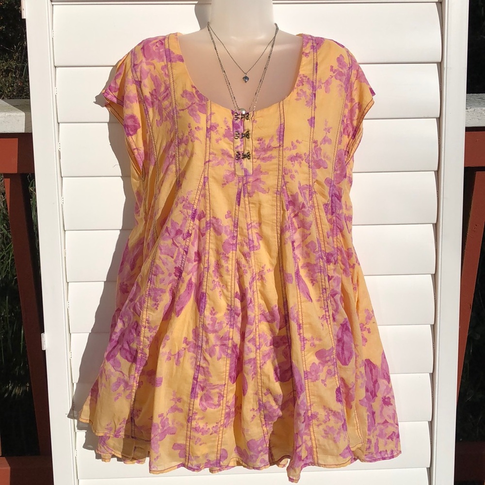 NWT Free People Yellow and Purple Relaxed Cap Sleeve Blouse